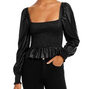 Aqua Smocked Faux Leather Top Black Size Small